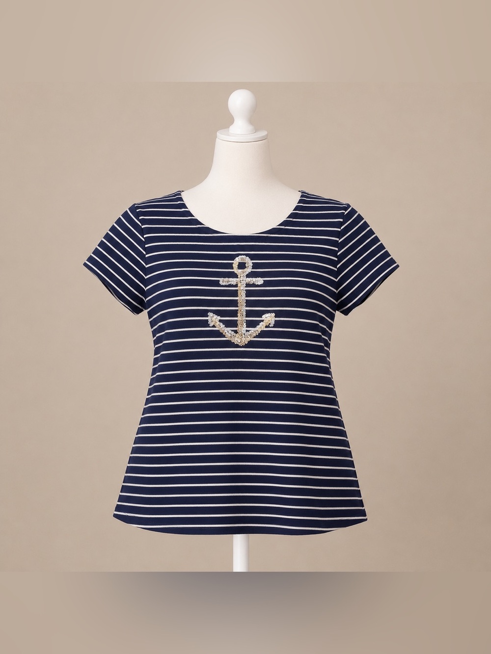 Croft & Barrow Nautical Anchor Striped Tee Navy White Medium